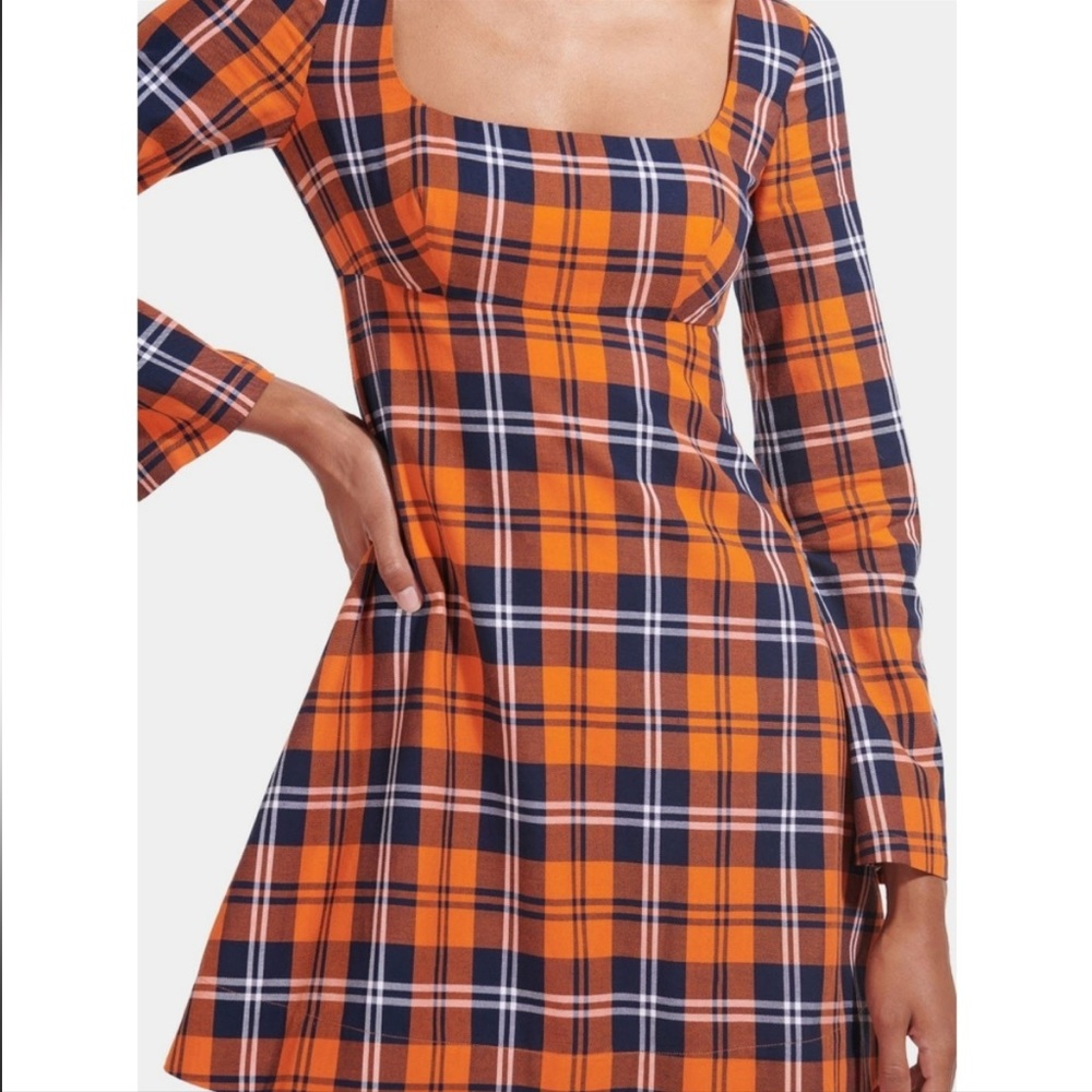 🔥 - NWT STAUD Women's Beth Poppy Orange & Blue Plaid Square-Neck Long Sleeve…